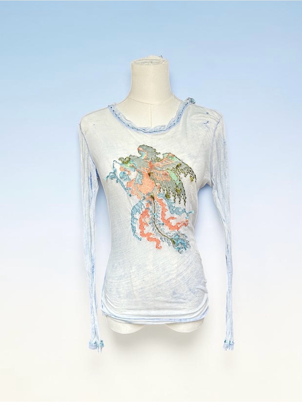 Light Blue Long-Sleeve Embroidered Graphic Tee